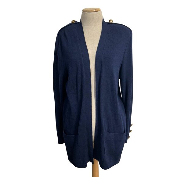 St. John  Womens Sz Basics Navy Open Front Cardigan Sweater W/ Gold Button - Picture 10 of 10